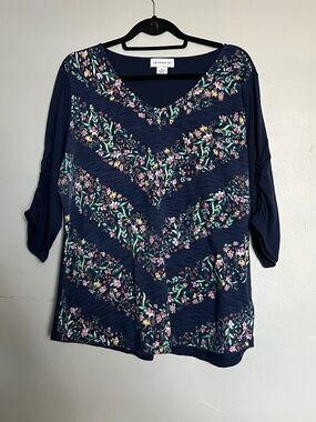 Liz Claiborne Floral Blouse Navy Blue XL 3/4 Sleeve Lightweight Top Women’s